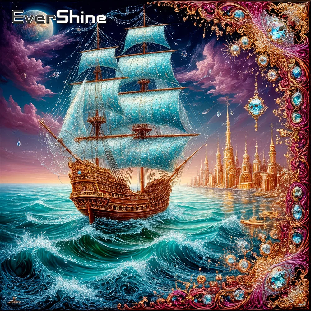 Evershine Diamant-Mosaik Meereslandschaft Vollbohr-Gemälde Boot-Bild Strass-Stickerei Schloss DIY Mond Wandkunst
