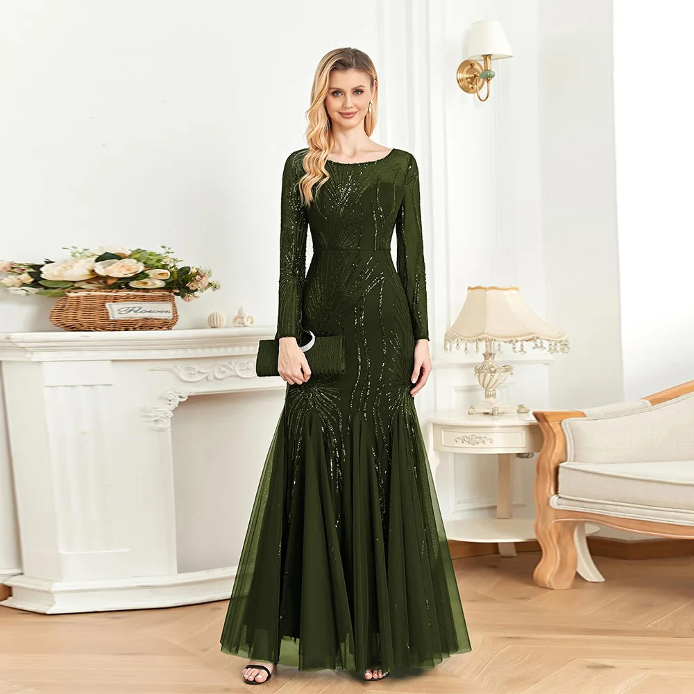 

Customized Exquisite Long Sleeve Sequin Evening Dress Glitter Mermaid Long Gown for Mother of The Bride Or Wedding Guest