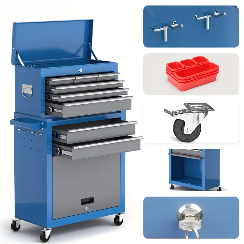 Toolbox，with Wheels8Drawer Rolling Toolbox，Removable Tool Storage Cabinet，Separate Tool Box with Suit Organizing Tray