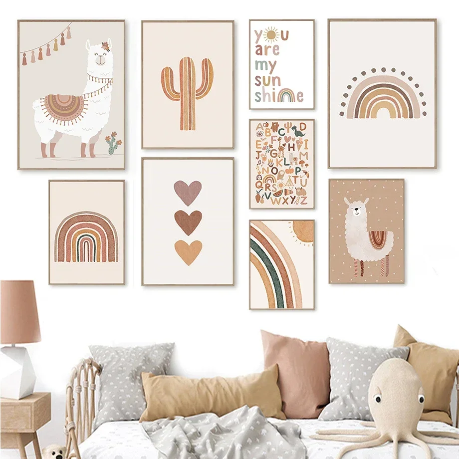 Multi-size 1PC frameless high-definition decorative paintings,Alpaca Unicorn Sun Rainbow Cactus Nursery Wall Art Canvas Painting