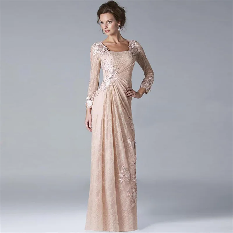 Champagne Mother Of The Bride Dresses A-line Square Collar Long Sleeves Full Lace  Beaded  Groom Mother Dresses For Wedding