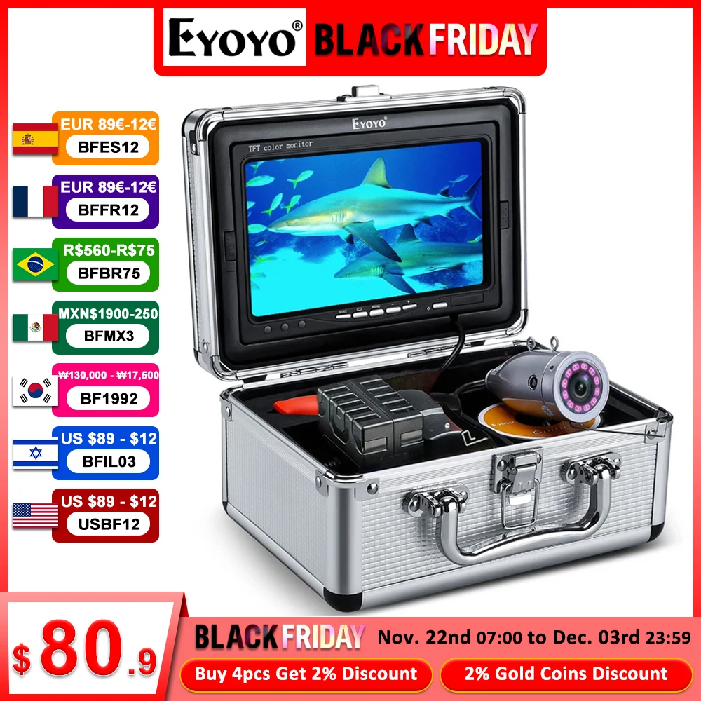 Eyoyo EF07 Underwater Fish Finder Kit With 12pcs IR Fishing Camera,15/30/50M Cable,7 Inch Monitor,Aluminum Carry Case Waterproof