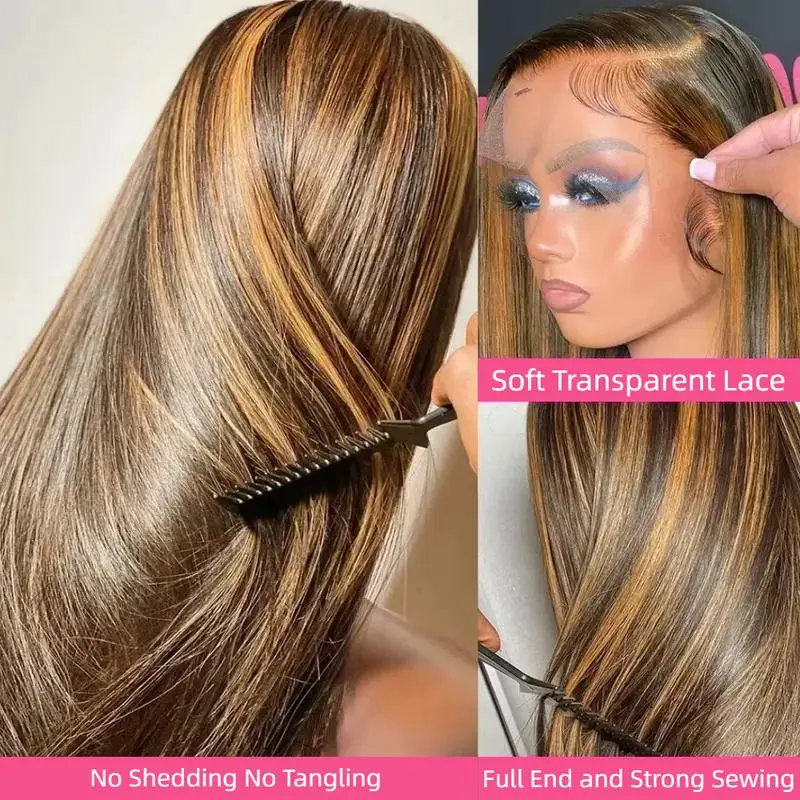 Perruque Lace Front Wig brésilienne naturelle, cheveux lisses, 13x6, à reflets de densité 200, 13x4, pour femmes