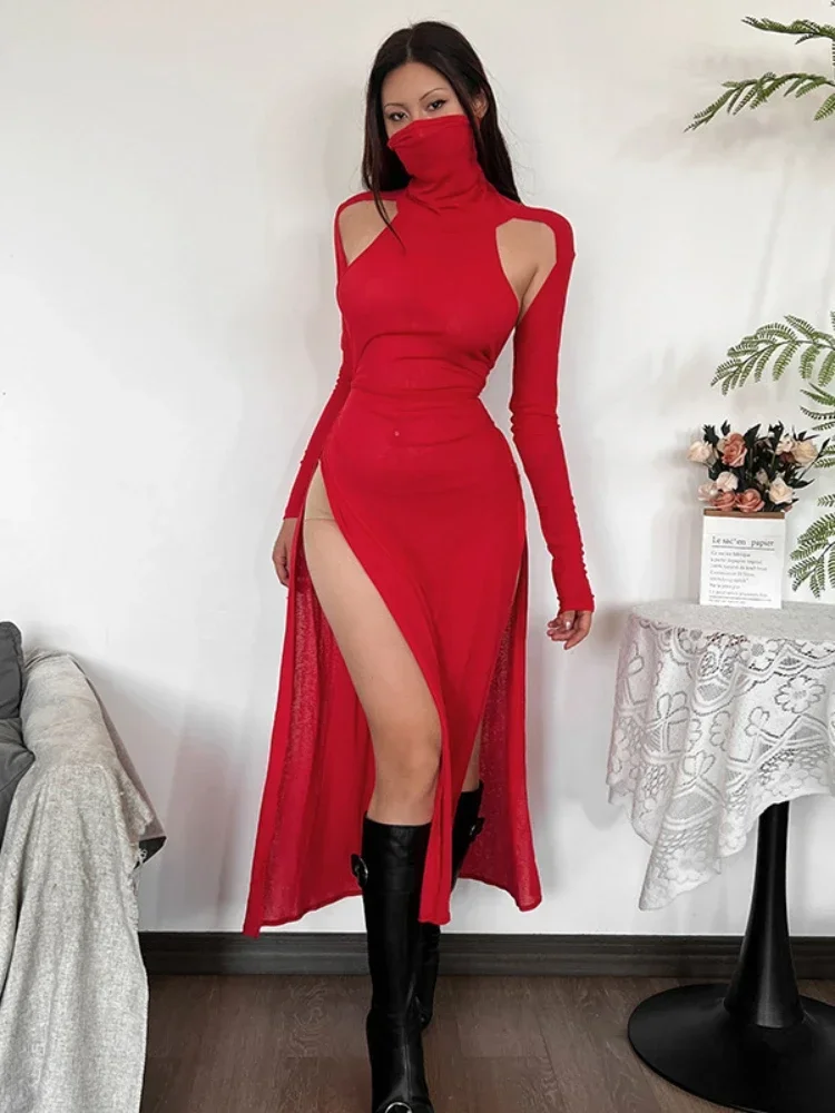 2025 New Streetwear Sexy Red Dress Women Dark Gothic Christmas Alternative Hollow Out Long Sleeve Turtleneck Split Dress Female