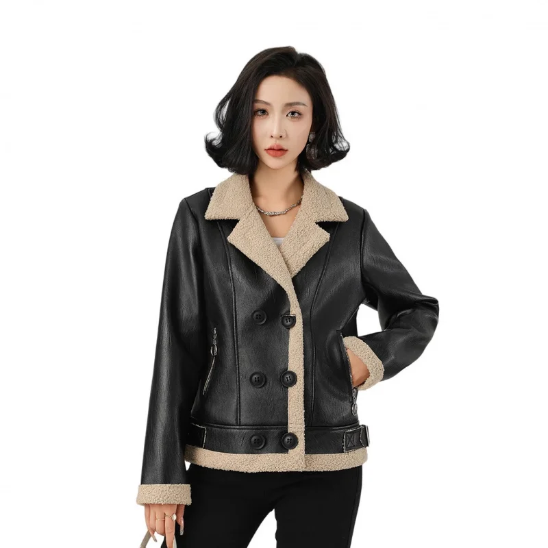 Casaco de couro grosso forrado de lã casaco feminino inverno senhora casaco de pele de couro feminino