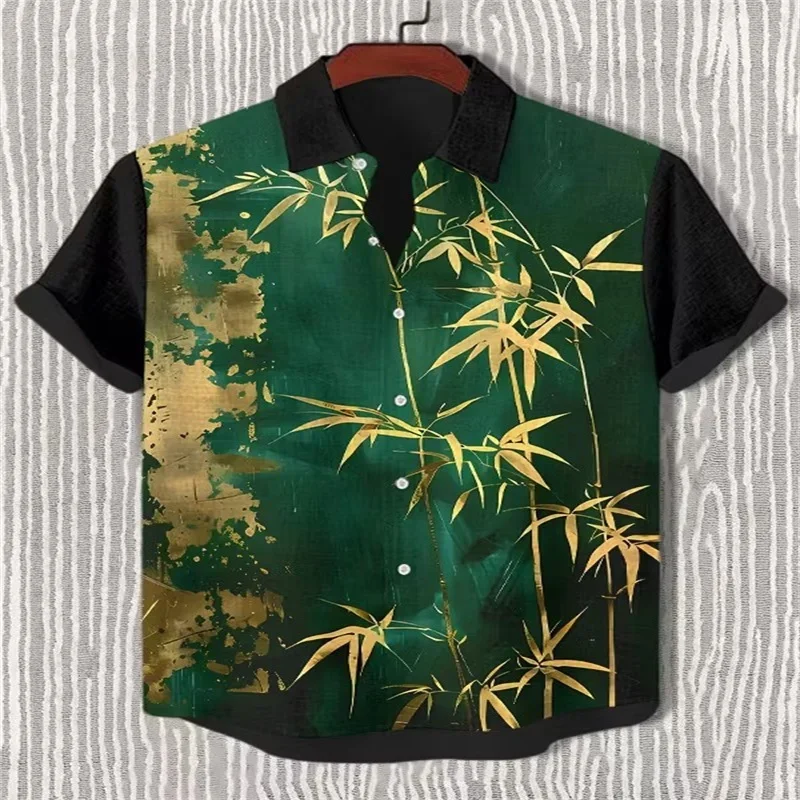 Vintage Japanese shirt with big wave print, left-right color blocking, China-Chic lapel, casual short sleeve