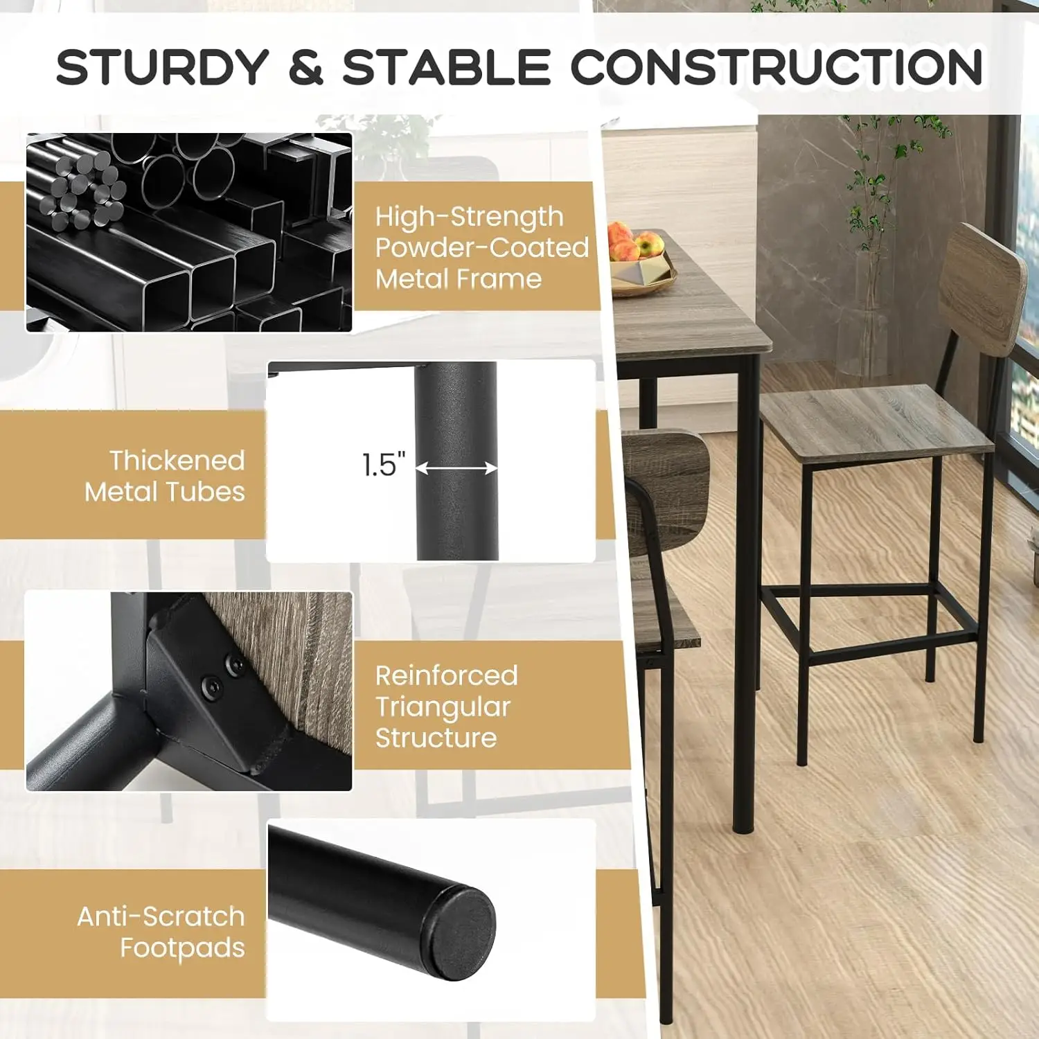 바 스툴 4개가 포함된 5피스 카운터 높이 다이닝 세트, 주방, 펍, 레스토랑을 위한 모던 블랙 오크 다이닝 세트