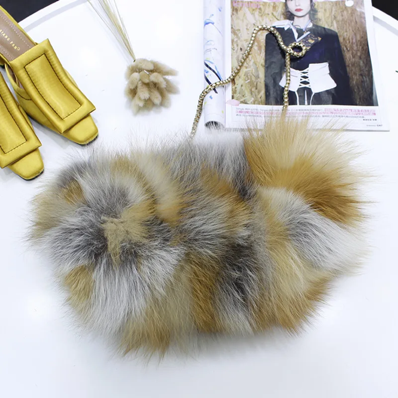 Winter Red Fox Fur Bag Real Fox Fur Chain Bag For Women Messenger Bag Winter Fashion Shoulder Bag Casual Furry Fur Bag Hand Bag