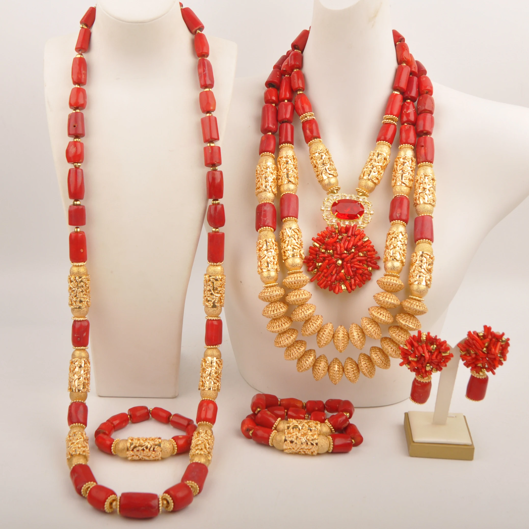 

African Wedding Necklace Nigerian Couple Jewellery Red Coral Jewelry Set