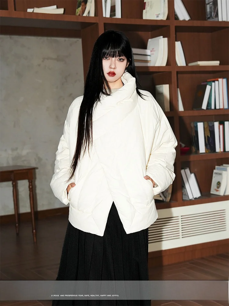 

Women's Korean Sle Stand Collar Cross Design 90 White Du down Jaet Loose Fit ort Coat Long Sve Warmth Daily Wear