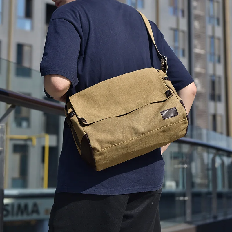 Water-resistant washable canvas men's crossbody bag, casual flap style, rectangular shape, travel single shoulder bag