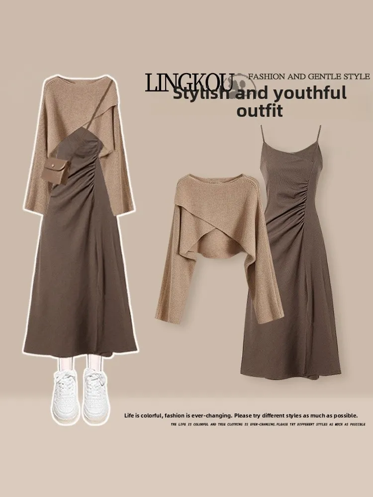 Herbst Advanced Strickset Damen Schlankheits-Plissee-Riemen Dr Zweiteiliger Anzug Leichter reifer Sle Casual A-Linie Rock