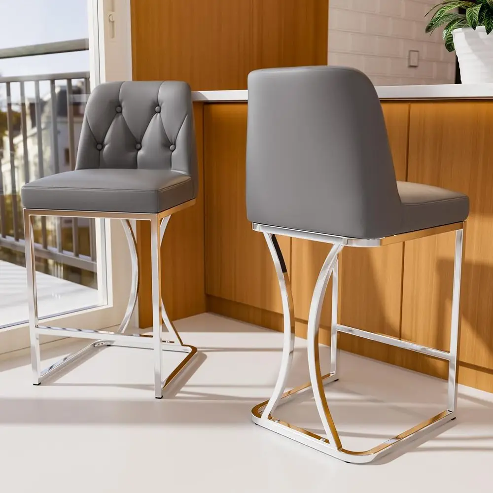 

Set of 2 Grey Counter Height Bar Stools with Backrest and Silver Metal, Luxurious Upholstered PU Leather Chairs for Kitchen Isla