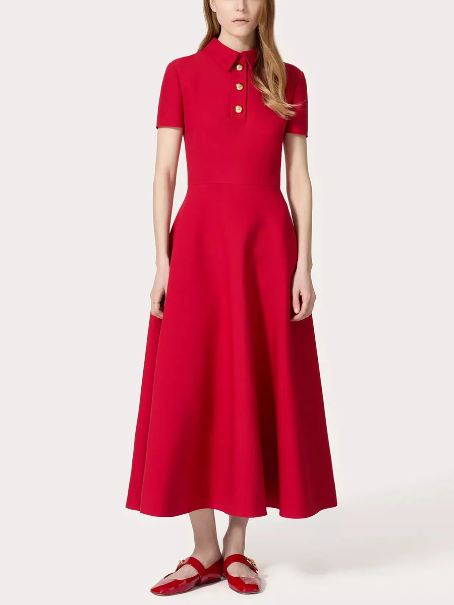 

2024 Runway Designer Women Red Maxi Dress POLO Neck High Waist Short Sleeve Metal Buttons Long Dress Holiday Vestidos G665