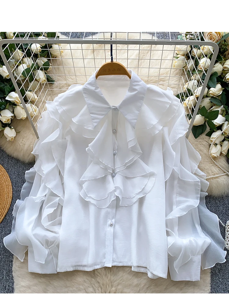 

Spring Autumn French Lotus Leaf Side Sleeve Single Breasted Shirt Women's New Pink white Loose Fashion Versatile Chiffon Top W90