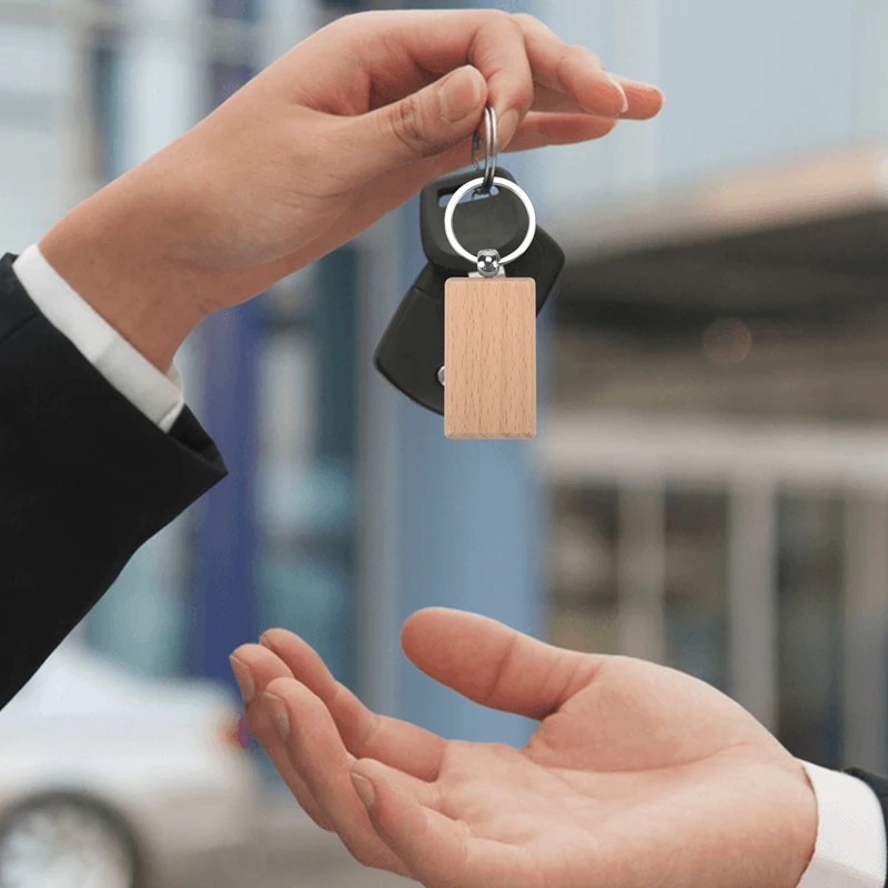 100Pcs DIY Blank Wooden Key Chain Rectangle Heart Round Ellipse Carving Key Ring Wood Key Chain Ring