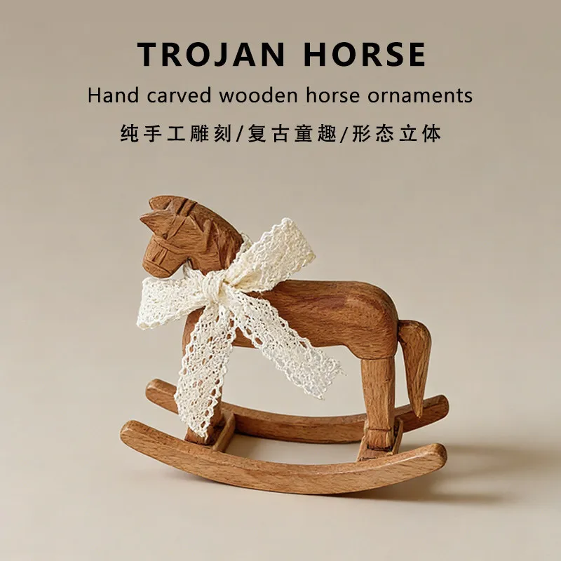 

Creative Handmade Solid Wood Rocking Horse Vintage Ornament Ins Style Living Room Desktop Entrance Bedroom Decor Craft
