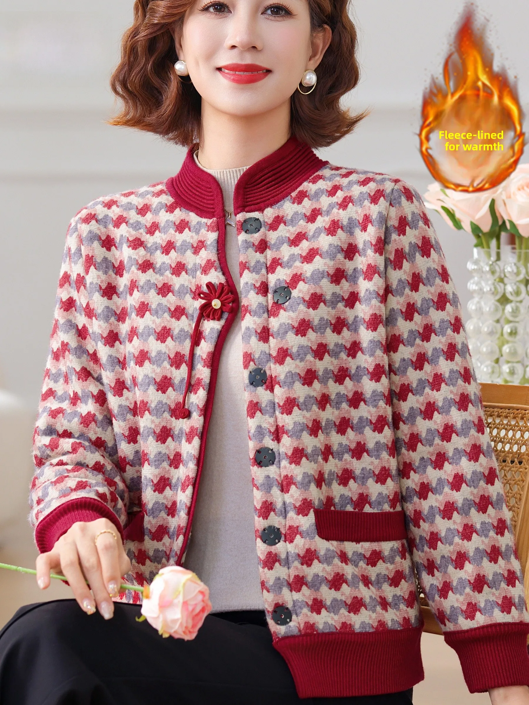 

New Chinese Sle Fce Lined Warmth Cardigan Coat for Middle Aged And ly Women Faionable Knitwear Autumn Winter