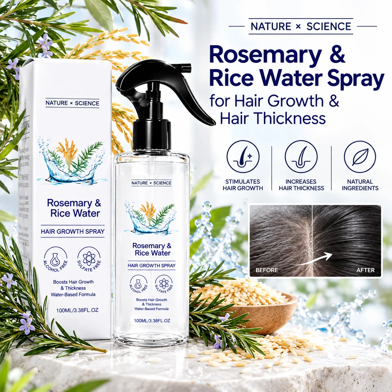 Rosemary Rice Water Spray For Hair Growth,Boost Hair Follicle Vitality Natural Extract Deep Nourish Scalp Enhance Regrowth Serum