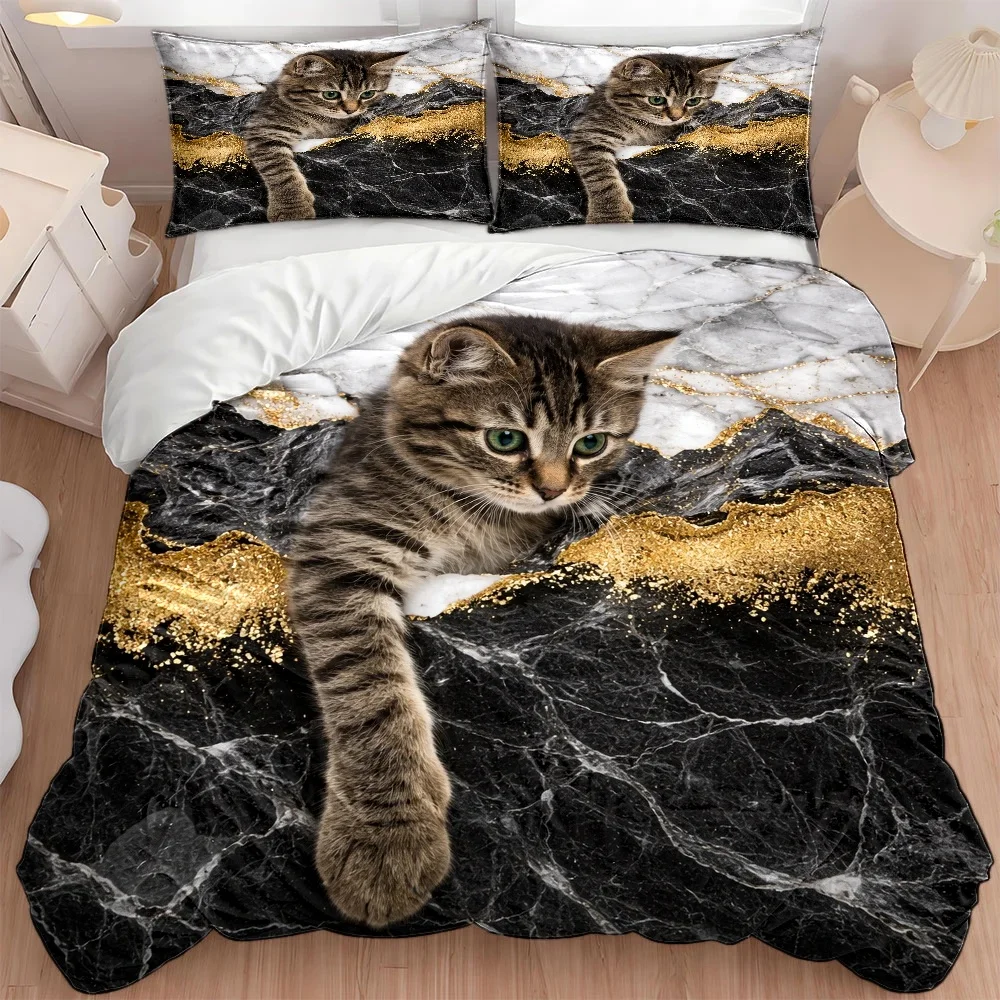 3Pc Marble Cat Print Duvet Cover Set, Three-Piece Bedding Set (1*Duvet Cover + 2*Pillowcases), Suitable for All Seasons, Machine Washable, Hidden Zipper Design, Large Double Bed Cover, Suitable for Home, Dorm, Master Bedroom, Guest Room, Ins-Style Light Luxury Black and Gold Marble Cat Pattern Bedding Set, Hot-Selling Bedroom Decor Bedding Set, 2D Flat Print, Price History 3 Months by Aiprice