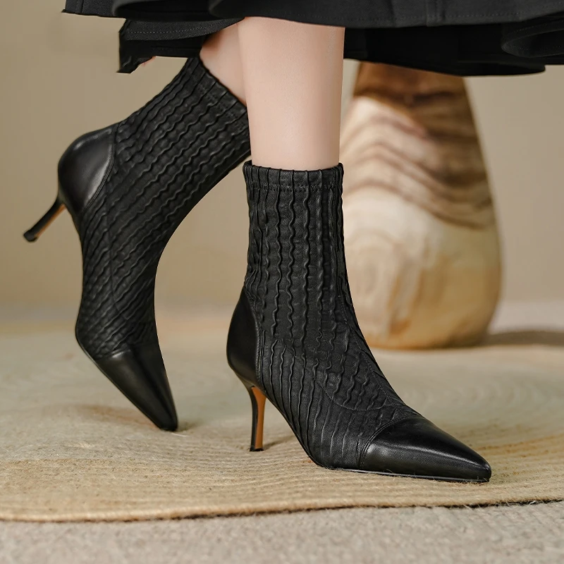 

Luxury Leather Custom Sheepskin High Heels Retro Pointed Thin Heel Casual Elastic Sexy Women's Boots Chelsea Short Boots