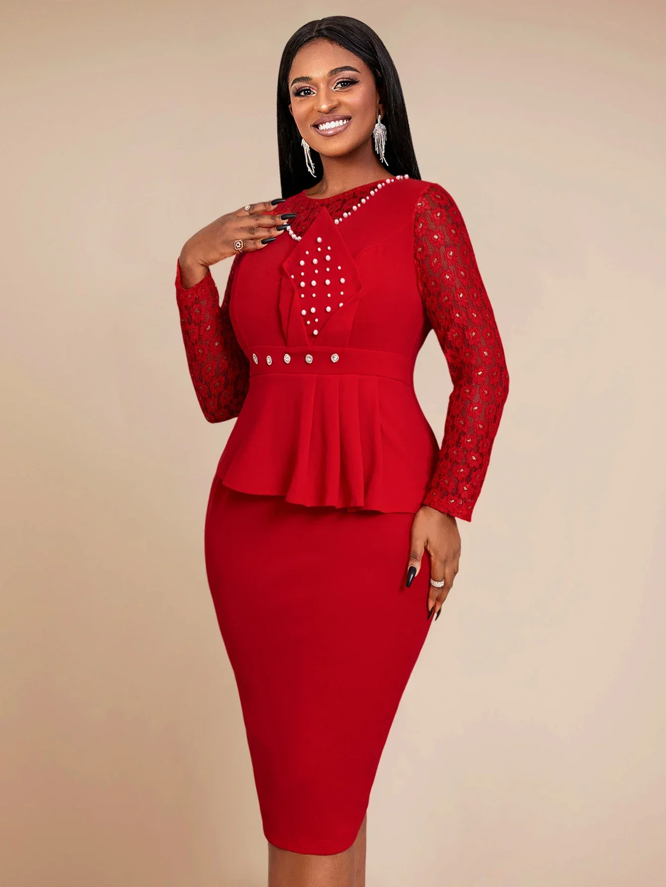 

Elegant Red Midi Dresses O Neck Lace Sleeve High Waist Peplum Package Hip Women Office Work Casual Evening Event Outfits New