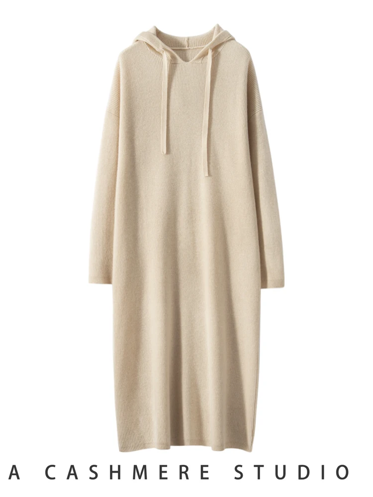 Tloml feminino 100% vestidos de camisola de caxemira com capuz vestidos de uma peça outono inverno macio quente malhas de caxemira casual estilo simples