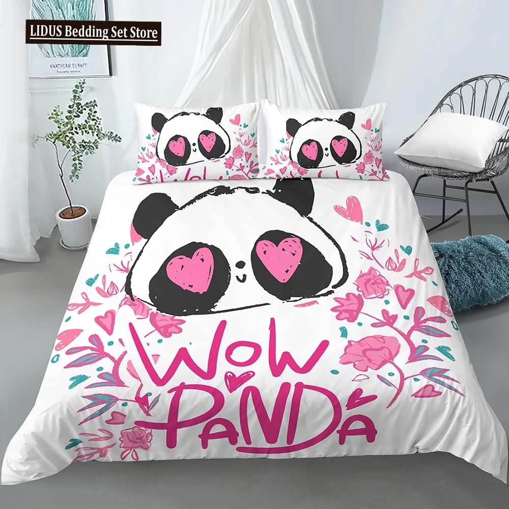 

Panda Polyester Duvet Cover Set White Black Cartoon Animals Heart Flowers Printed King Queen Twin Size For Kids Boys Girl Teen