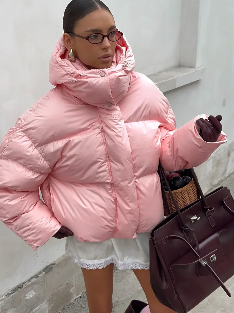 

Women's New Winter 2025 Pink Parkas Hooded Cotton Padded Jacket Thickened Bread Coat Warm Outerwear