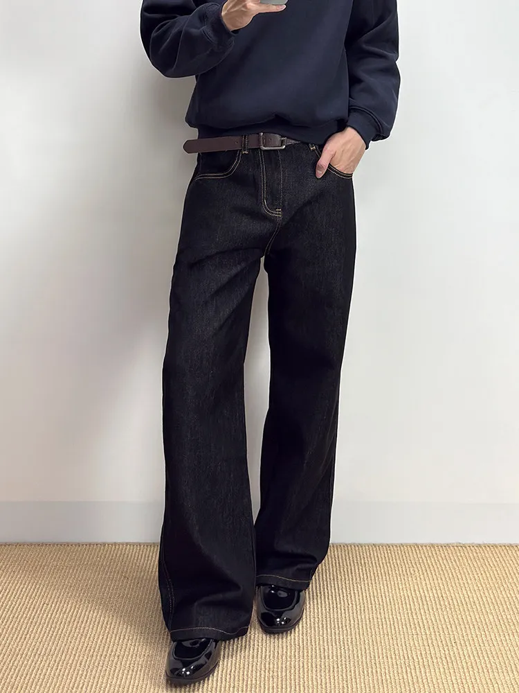 

Retro American Denim Black Calf 128oz Autumn Lenzing Bright Line Original Color Jeans Loose A-Line Wide Leg Men's Jeans