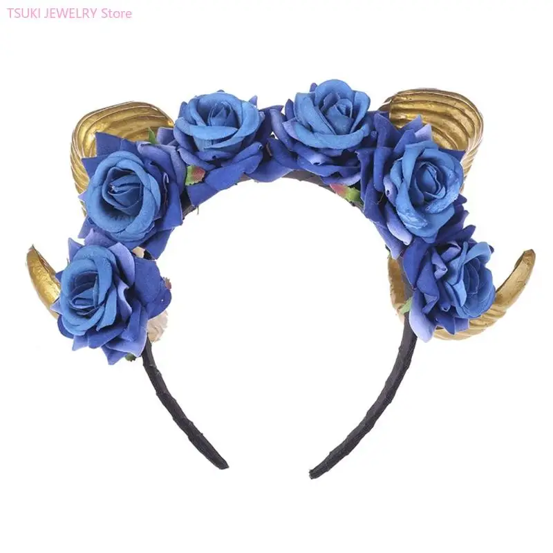62KE Girls Sheep Horn leadwear Rose Flower Horn Halloween Cosplay Assplay