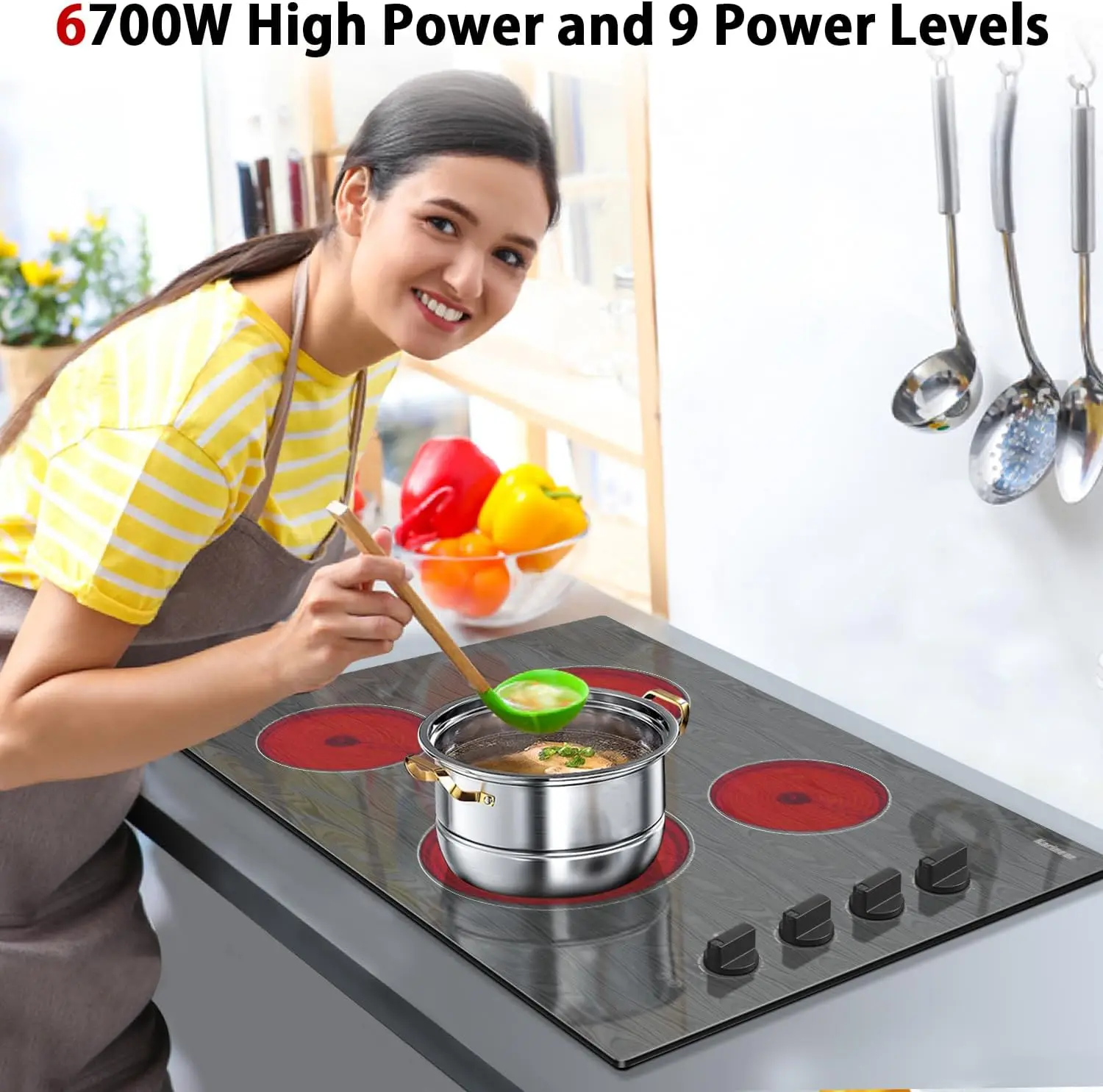 30 Inch 4 Burners Electric  , Knob Control Electric Stove Glass  with Beautiful Wooden Pattern, 30