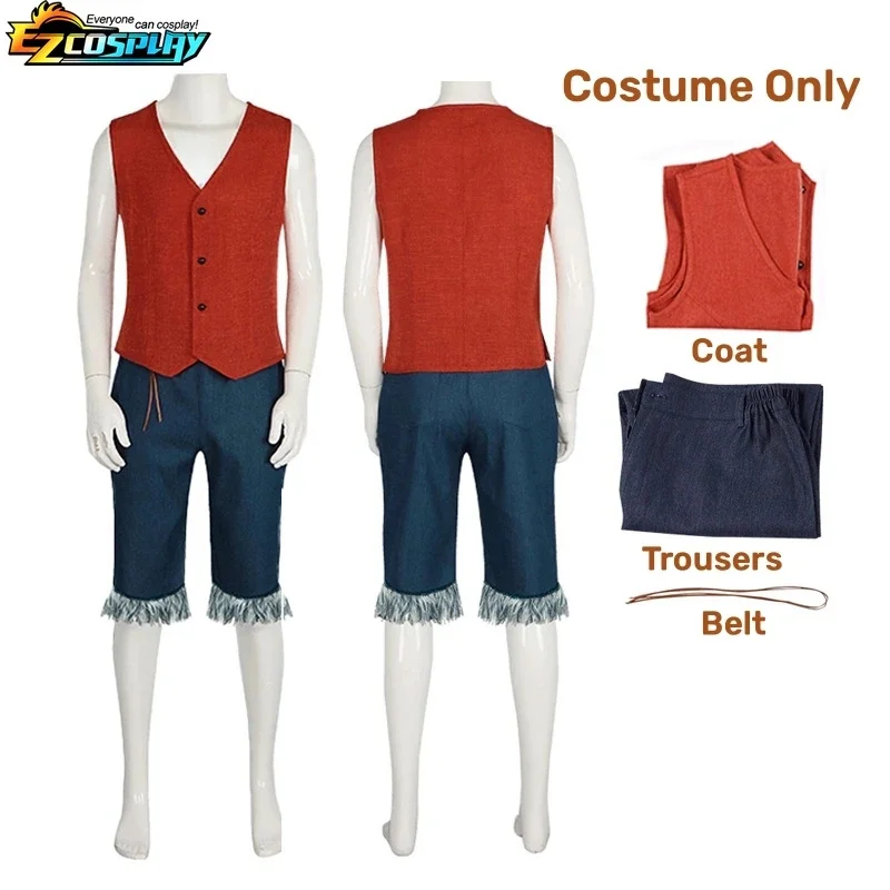 Luffy Cosplay Monkey D Luffy Kostuum Rood Vest Shorts Hoed Touw Anime Outfit Volwassenen Mannen voor Halloween Party