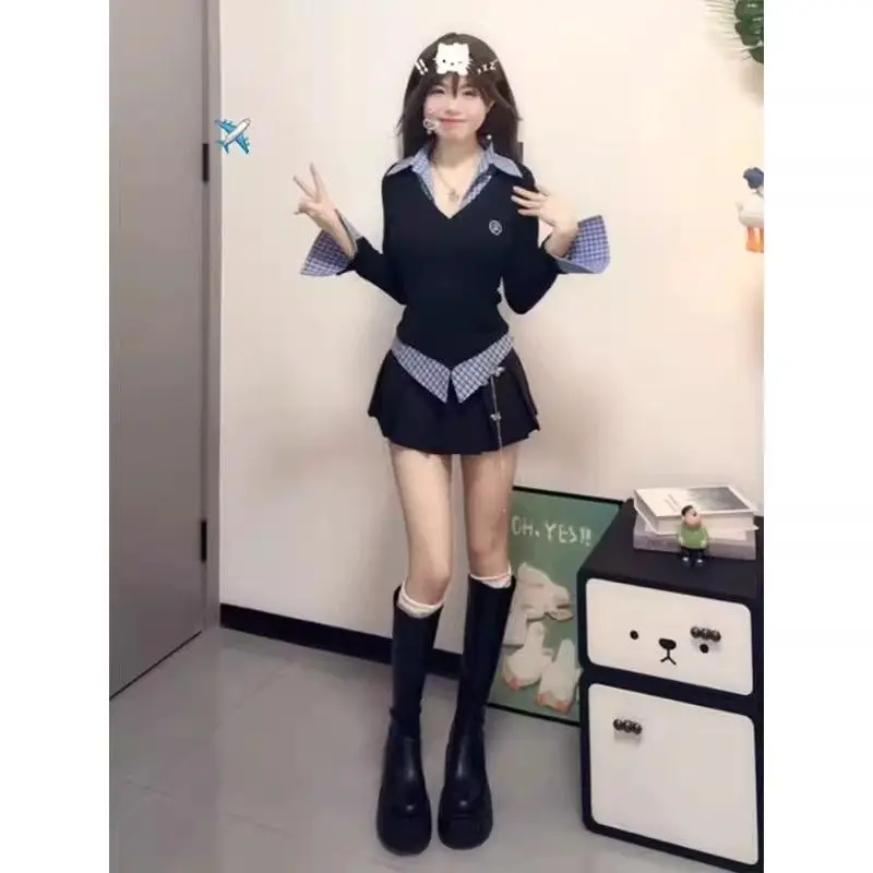 Chic ature College Sle Conjunto de dos piezas dulce y picante Conjunto de top y falda plisada orm Ne de la escuela coreana