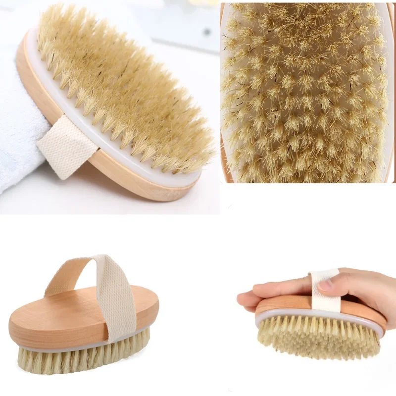 Wet Dry Skin Body Brush Natural Pig Bristles Dry Skin Exfoliating Body Massage Cleaning SPA Tool For Cellulite Lymphatic Drainag