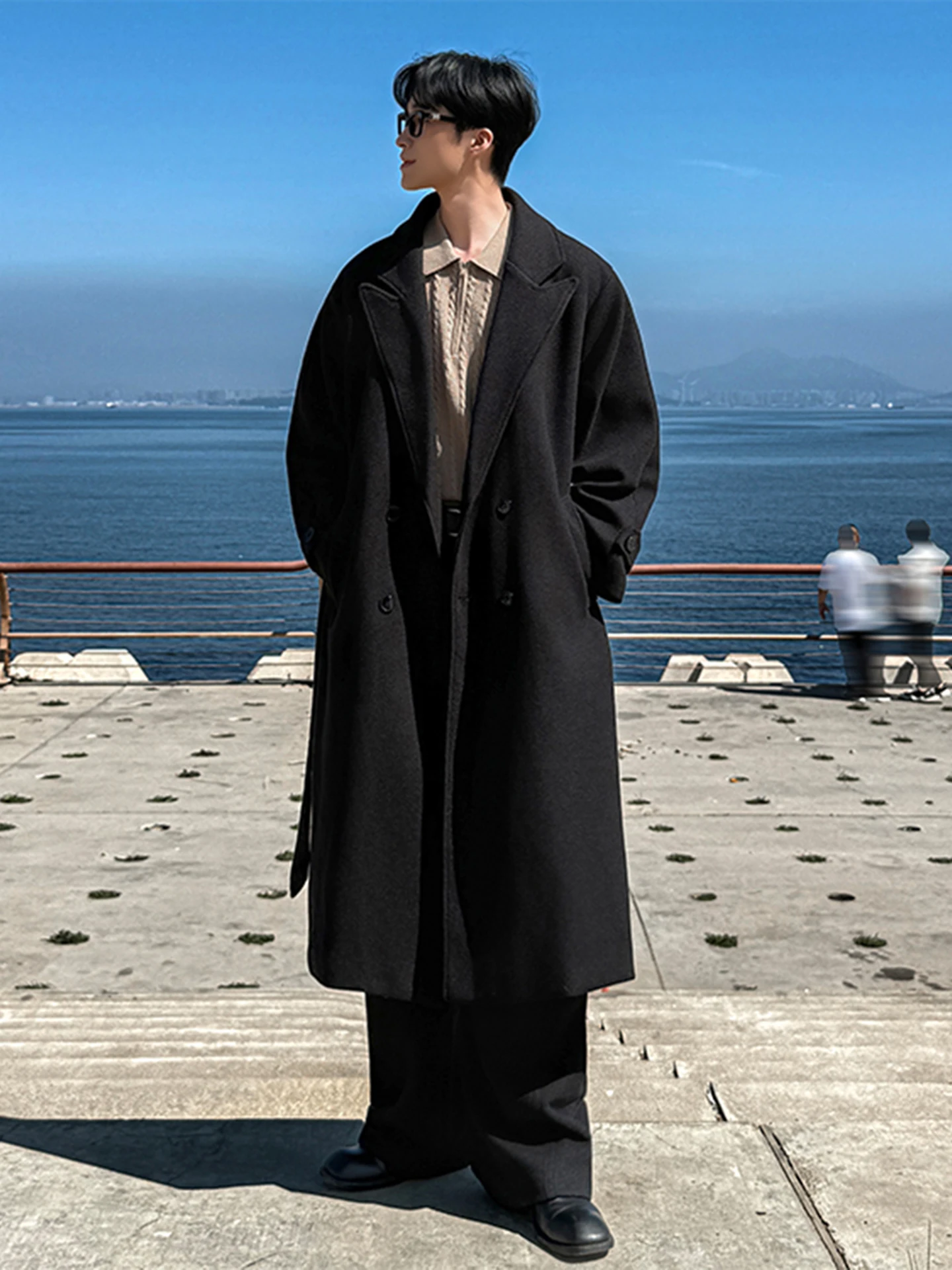 

Thiened Warm Woolen Men's Coat Bla Korean Sle Mid-Length Autumn Winter Faion Briti Sle Casual Windbreaker