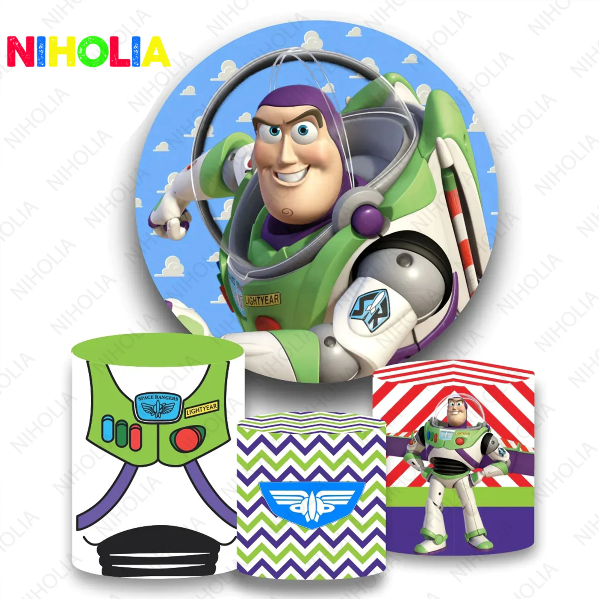 Disney Buzz Lightyear Round Backdrop Boys Birthday Party Decor Blue Sky Background Cylider Cover Photo Booth Prop