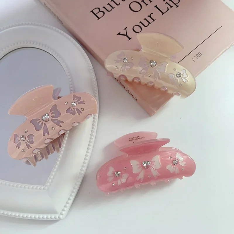 

New Colorful Hollow Bow Hair Claw Acetate Sweet Rhinestone Shark Clip Gentle Hair Clip Claw Clip Hair Accessories for Women Girl
