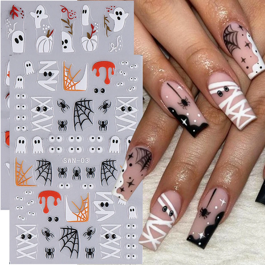 3D Halloween Pumpkin Nail Stickers Cartoon Mummy Bandages Ghost Eyes Spider Web Nail Accessories DIY Winter Manicure Decoration