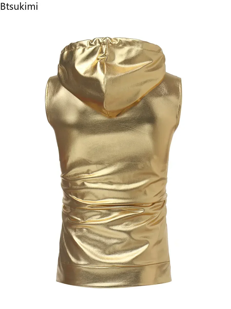 2024 Shiny Gold Coated Metallic Tank Top Men Fashion Hip Hop Sleeveless Hoodie Tank Men Nightclub Party Dance Zipper Tops Tee