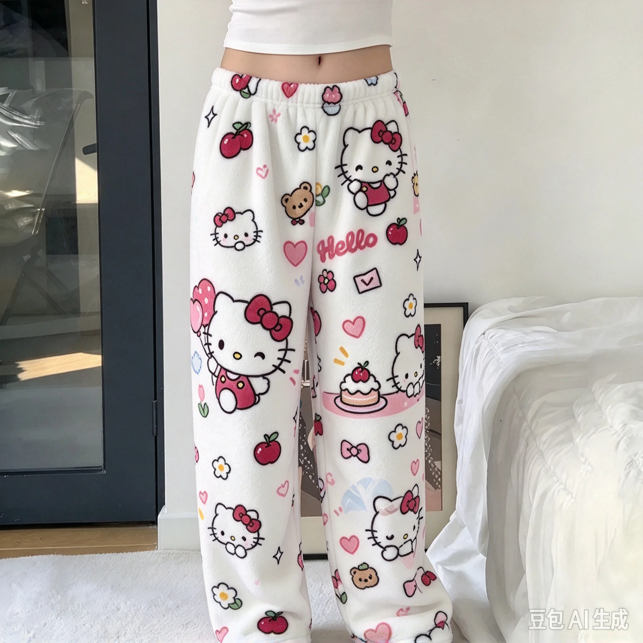 2026 Cute Grid Hello Kitty Print Flannel Pajama Pants Women Kawaii Cartoon Wide Leg Sleep Trousers Winter Cozy Loungewear