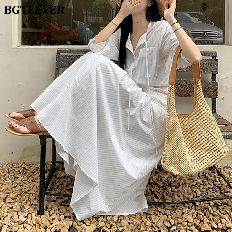 BGTEEVER スタイリッシュな女性ストライプ衣装長袖シングルブレストブラウスシャツ & A ラインスカート夏のレディース 2 点セット