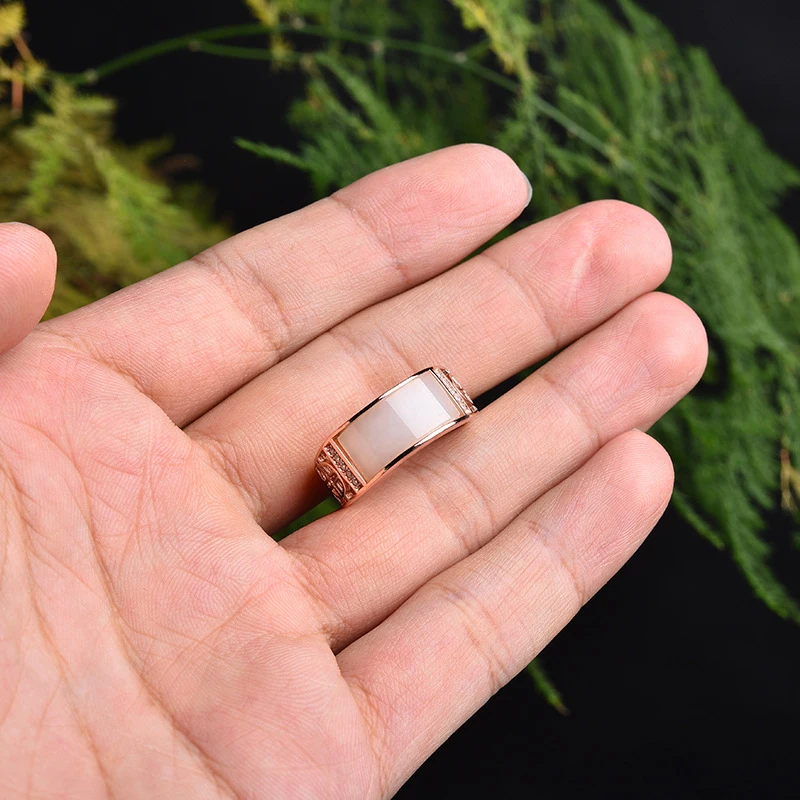 Hetian White Jade S925 Colored Silver Gilded Long Open Square Ring Adjustable Men and Women