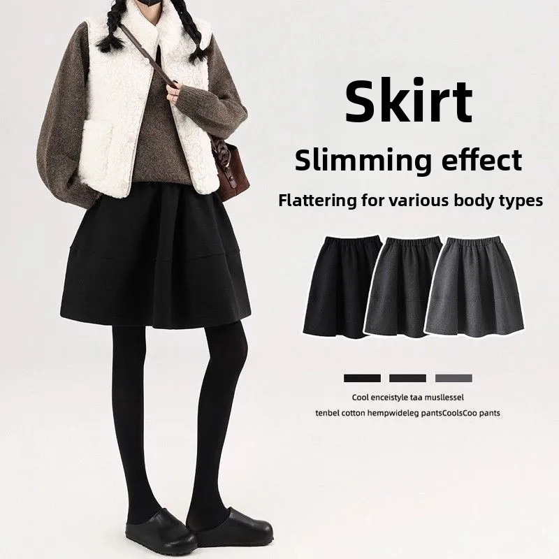 Grey Thickened Woolen A-Line  Skirt Women's High Waist Elastic Waist Warm Pure Color Korean Style Autumn Winter New Arrival