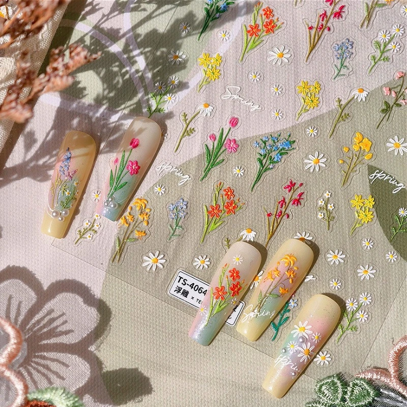 

Daisy Tulips Rose Colored Field Bouquet 5D Reliefs Self Adhesive Nail Art Stickers Brightly Wild Flowers 3D Manicure Decals