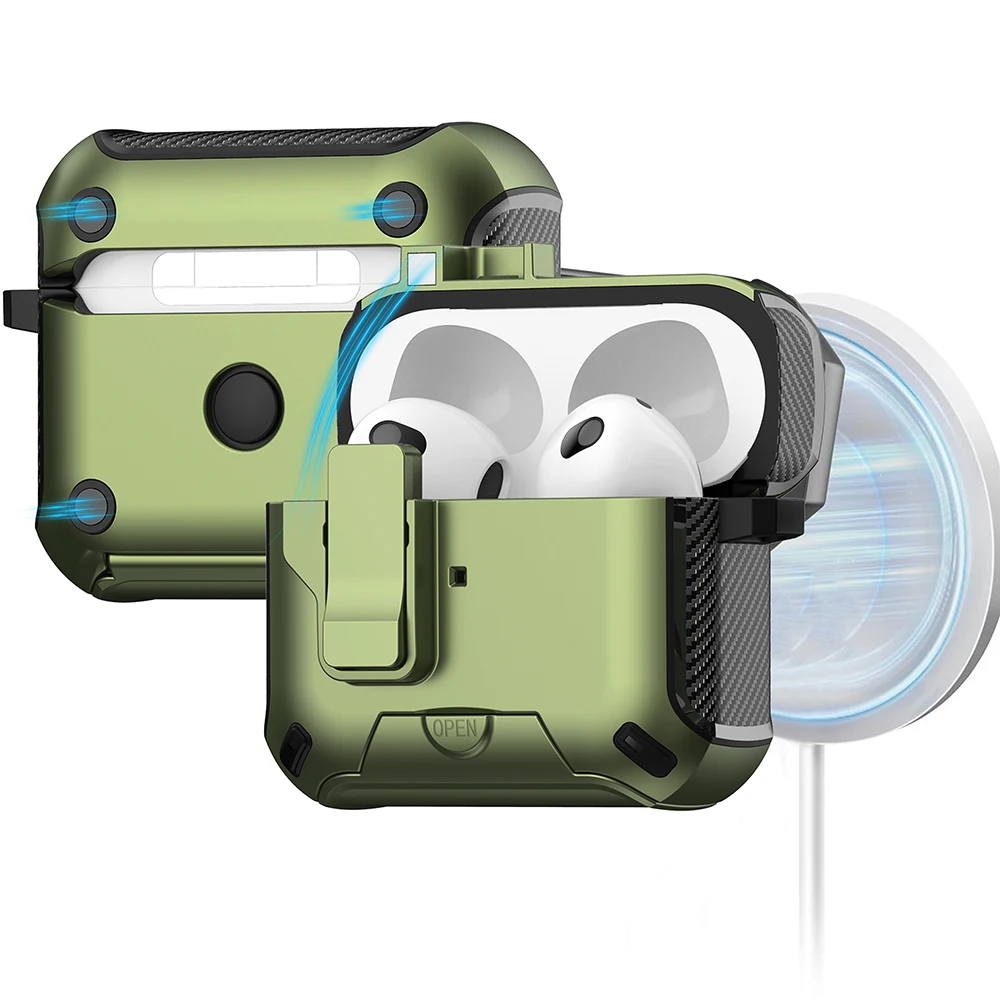 حافظة مغناطيسية لأجهزة Apple AirPods 3 مع حامل من مادة TPU + غطاء سماعة أذن للكمبيوتر الشخصي مع مفتاح وحلقة تسلق - أخضر
