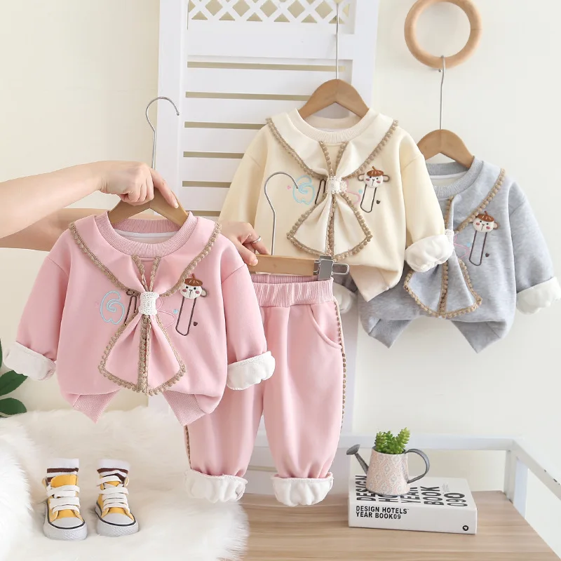 

Girls Thick Clothes Sets Winter 2025 Children Cotton Velvet Sweatshirts Tops Pants 2pcs Warm Suit For Baby Cute Outfits Kids 5Y
