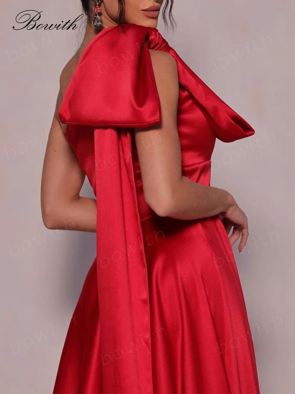 Bowith-vestido de noche rojo con lazo en los hombros para mujer, vestido de fiesta de línea A para mujer, vestido de fiesta de Navidad 2024