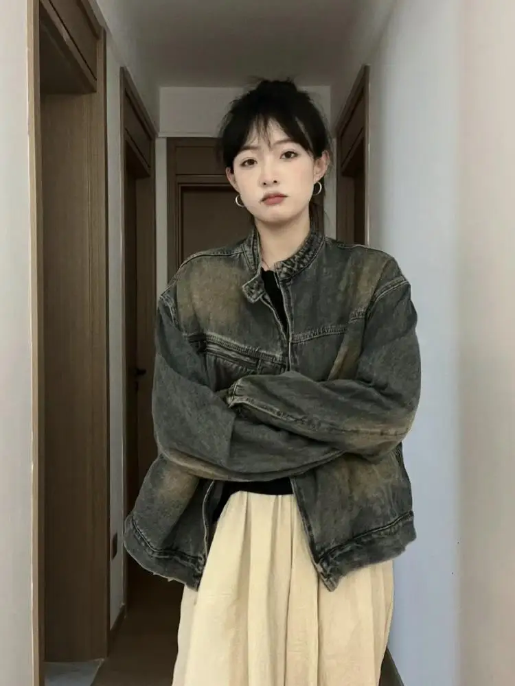 

Denim Coat Cropped Womens Spring Knitwear Snap Button Adjustable Pleated Single-Breasted Flared Preppy Style Hiking Versatile OL