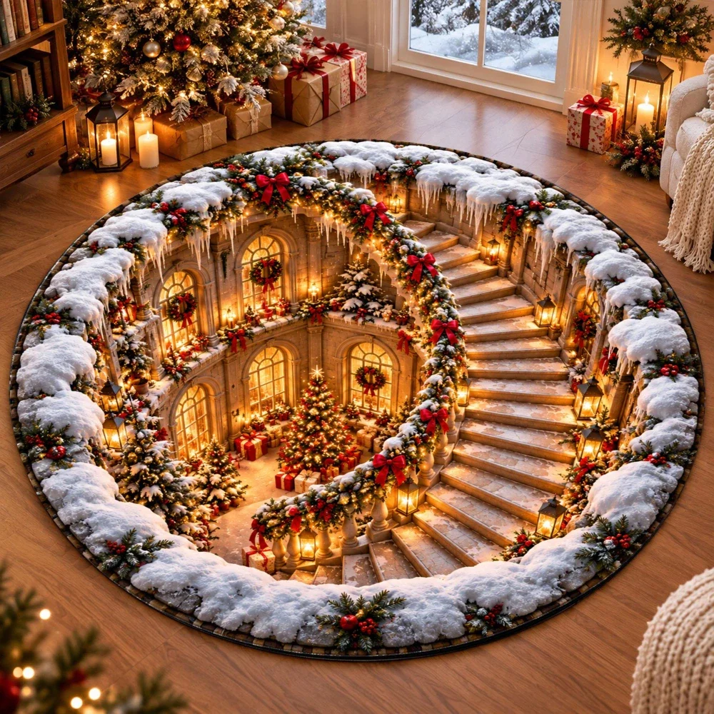 Christmas snow scenery Snow Castle Round Rug Spiral Stairs Area Rug Gorgeous Living Room Bedroom Holiday Home Circle Rug